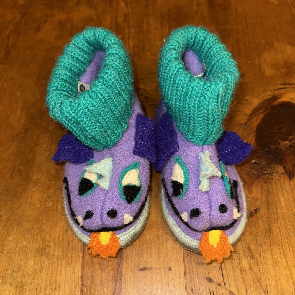 Garnet Hill Handcrafted Purple Green Dragon Slippers Children's Footwear Size 7